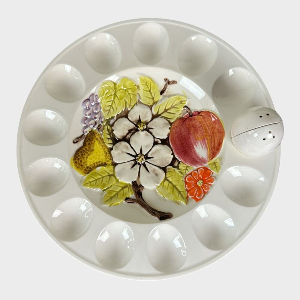 Lefton Ceramic Deviled Egg Platter Magnolia Fruit WITH Salt Pepper Shakers